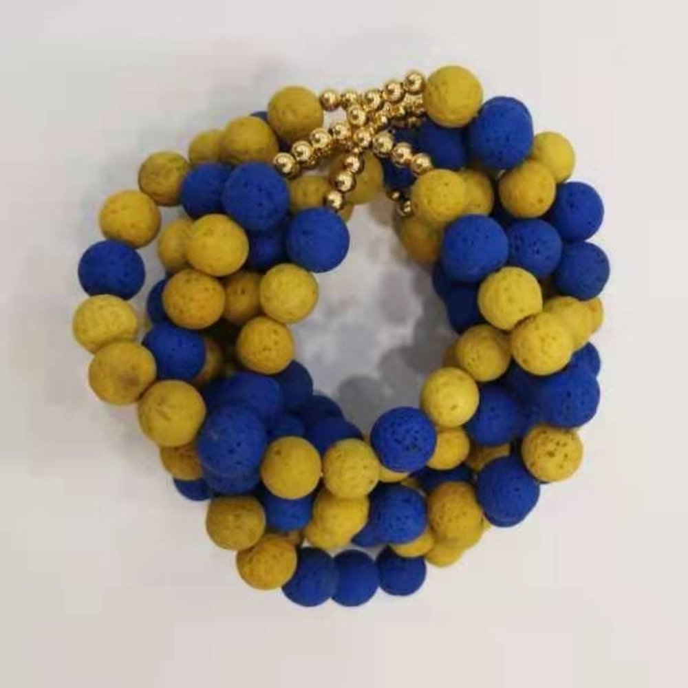 Royal Blue and Gold 7-Strand Lava Bead Stretch Bracelet
